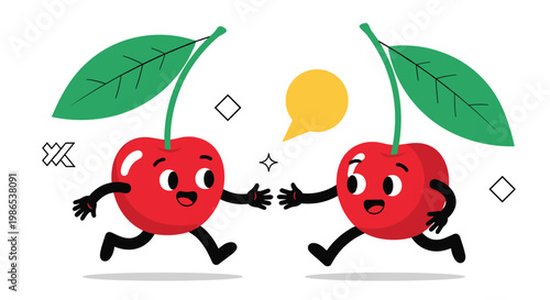 Two happy cherry characters with green leaves running towards each other with arms open for a friendly embrace.