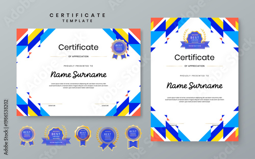 Bold geometric certificate set with blue and yellow shapes for energetic and professional recognition