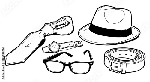 Mens accessories hat glasses tie.