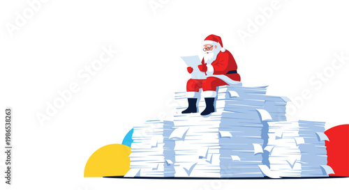 Santa Claus sitting on top of an enormous stack of white paper sheets checking a long list before Christmas holiday.