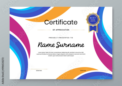Professional horizontal certificate template featuring vibrant abstract liquid waves and a golden best award nomination badge