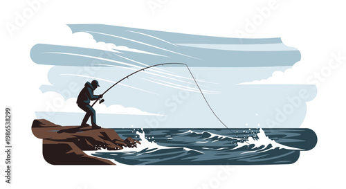 Man fishing on rocky ocean shore.