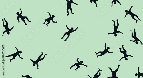 Randomly scattered silhouettes of people in falling or floating poses on a light green background for abstract concepts.