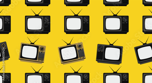 Seamless pattern of retro television sets in black and brown colors with antennas on a bright yellow background.