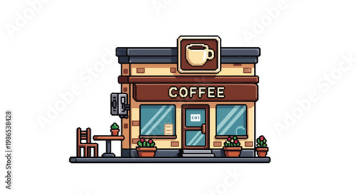 A pixel art vector illustration of a charming coffee shop with outdoor seating, flower pots, and a large coffee cup sign on its roof.