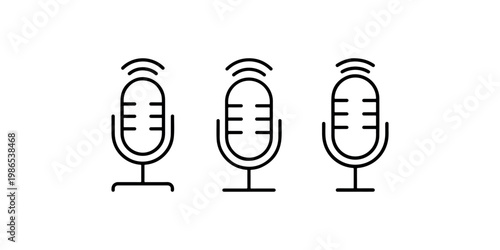 Microphone icons set for podcasting recording studio broadcast and audio streaming services featuring classic studio mic designs with signal wave art