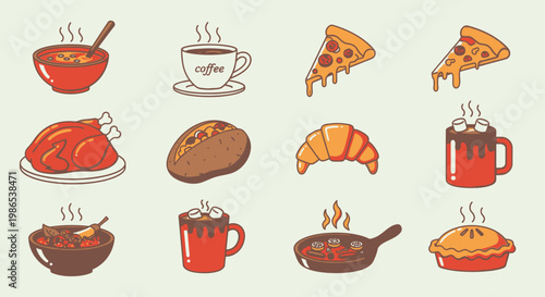 Variety of hot breakfast foods displayed.