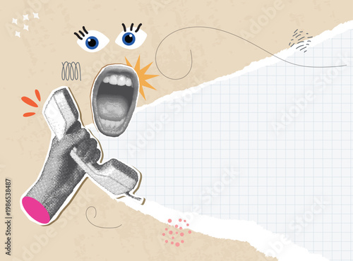 Creative collage illustration, monochrome effect, hand holding old phone with angry mouth