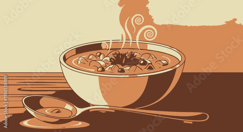 Steaming bowl of soup with spoon.