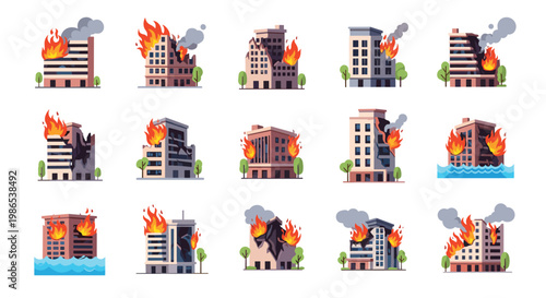 Set of diverse building icons shown on fire with red flames and grey smoke representing city disaster and emergencies.