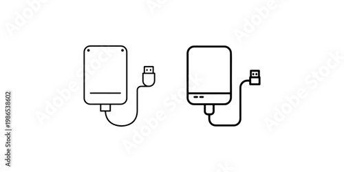 External hard drive connected with usb cable icon. portable storage device outline vector illustration. computer peripheral accessory design