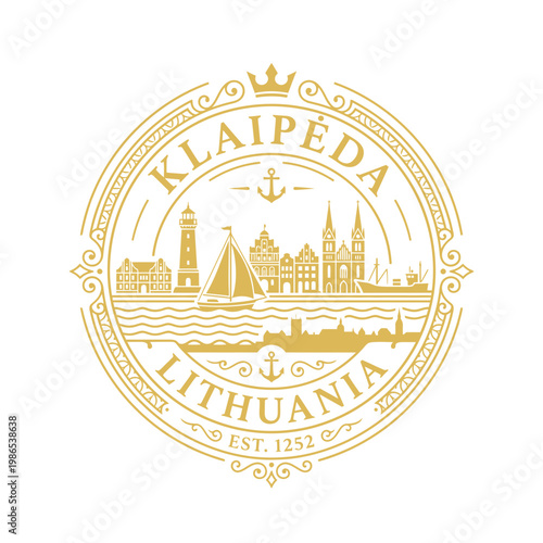 Vintage gold Klaipeda Lithuania city seal with lighthouse and sailboat vector illustration