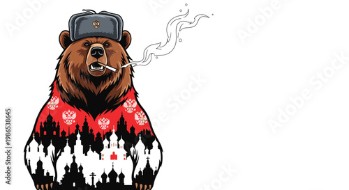 Brown bear character wearing a ushanka hat and a sweater with Kremlin silhouette smoking a cigarette on white background.