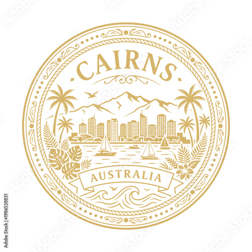 Cairns Australia travel badge featuring tropical skyline gold vector illustration