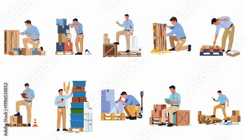 Warehouse worker performing quality control inspections on damaged pallets and cargo boxes in various logistics scenarios set on a white background.