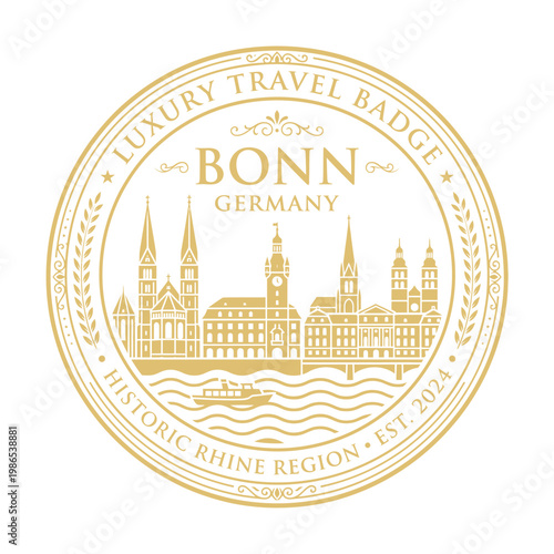 Elegant gold Bonn Germany luxury travel badge with historic city skyline vector illustration