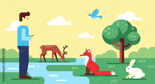 Man standing by stream with animals.
