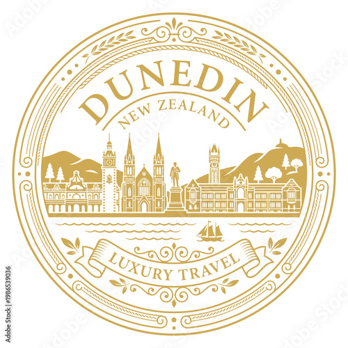 Gold Dunedin New Zealand city skyline emblem for luxury travel vector illustration
