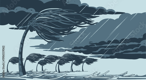 Palm trees in strong windy storm.