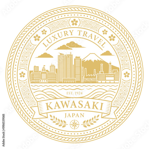 Gold Kawasaki Japan city skyline luxury travel emblem with Mount Fuji vector illustration