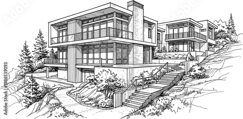 Modern hillside house with terraced landscape, stairs and multiple levels in detailed architectural line vector illustration