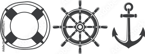 Marine symbols set with lifebuoy, ship wheel and anchor, nautical elements vector illustration collection design
