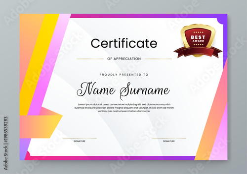 Colorful landscape certificate design with vibrant geometric elements and gold badge for multipurpose success award