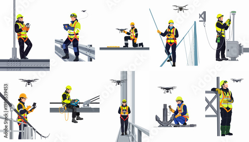 Collection of industrial workers using drones for infrastructure inspection and maintenance on bridges and high-altitude structures, wearing professional safety gear.