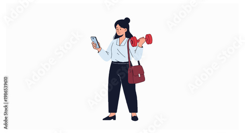 A woman in a white shirt and black pants balances exercise and work by lifting a red dumbbell and checking her smartphone simultaneously on white.