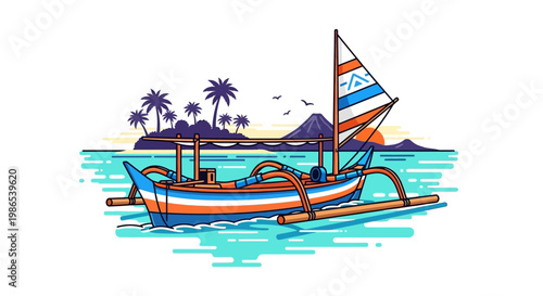 A colorful illustration of a sailboat floating on calm waters near a tropical island with palm trees.