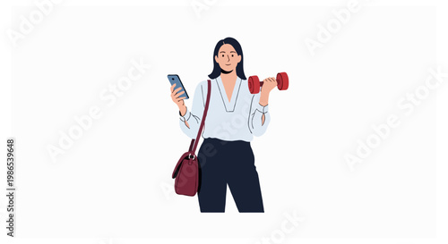 A waist-up portrait shows a woman checking her mobile phone while performing a bicep curl with a red dumbbell wearing a white blouse and dark pants.