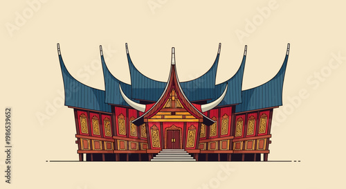 A traditional wooden building with a distinctive roof design stands alone in a rural landscape environment.