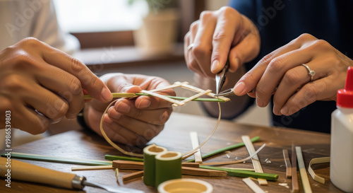 Hands Crafting with Bamboo Strips A CloseUp View.