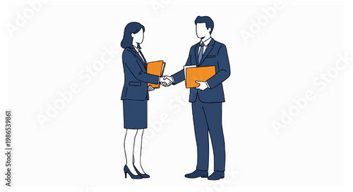 A professional man and woman in matching blue suits shake hands while holding orange folders against a solid white background in a flat vector style.