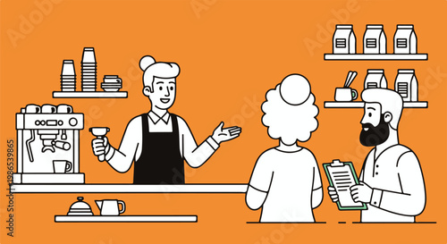 Barista serves coffee to customer at counter with menu in cafe