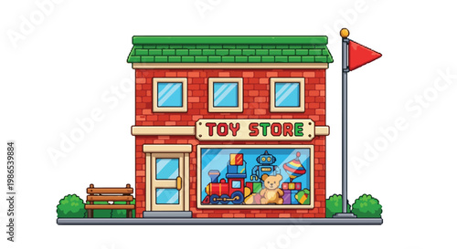 This is a colorful vector illustration of a two-story red brick toy store featuring a large window filled with classic toys and a green roof.