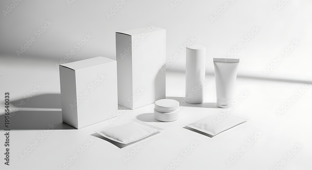 Fototapeta premium Minimalist Product Photography Setup with White Packaging and Geometric Shapes.