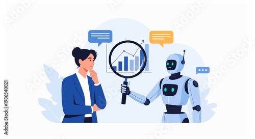 A woman in a blue suit stands next to a white robot holding a large magnifying glass over a data chart and graph on a light blue background.