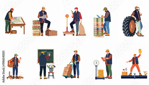 Diverse collection of flat vector illustrations featuring agricultural and logistics workers managing harvests, shipping, warehouse tasks, and planning operations.