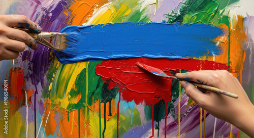 Hands creating colorful abstract painting with brush and palette knife.