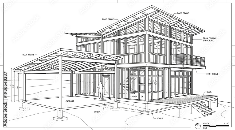 Fototapeta premium Modern house structural perspective with labeled construction elements, roof framing and exterior details in comprehensive architectural line vector illustration
