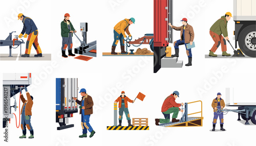 Collection of diverse industrial workers performing various manual labor tasks, including maintenance, logistics, and operation of heavy machinery and equipment.