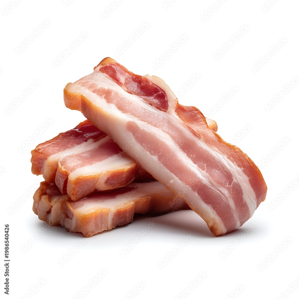 Obraz premium Freshly Cut Bacon Strips Stacked Neatly on a White Background for Culinary Use