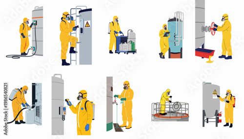 Collection of workers in yellow hazmat suits performing industrial safety and maintenance tasks at a chemical plant.