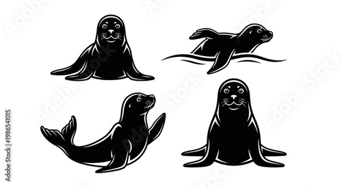 Monochrome Seal Silhouettes - A Collection of Aquatic Mammal Illustrations.