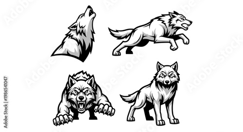 Monochrome Wolf Illustrations - Howling, Leaping, and Aggressive Poses.