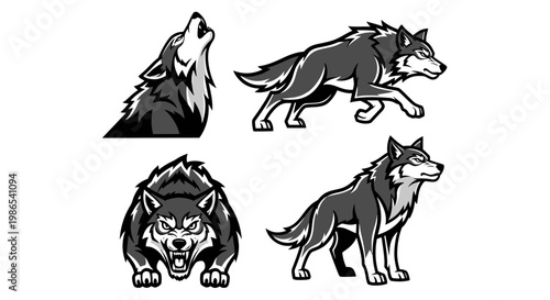 Monochrome Wolf Pack - Howling, Stalking, and Aggressive Poses.