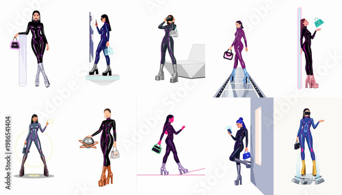 Futuristic fashion character collection featuring women in neon-detailed bodysuits and high-heeled boots, exploring themes of the metaverse and digital identity.