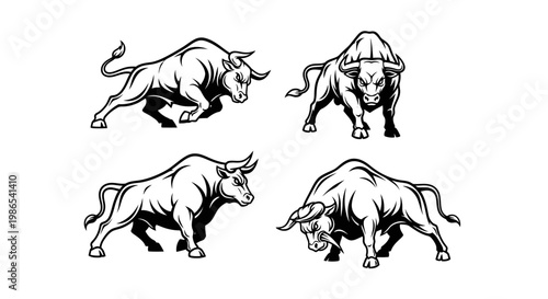 Powerful Bull Illustrations - Charging, Standing, and Ready to Attack.