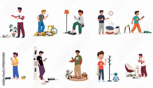Collection of cartoon illustrations featuring boys and men in pajamas interacting with smart home appliances like robot vacuums and air purifiers at home.